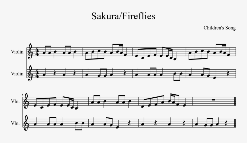 Fireflies Sakura Violin 1 2 Sheet Music For Violin - Music, transparent png #1803210