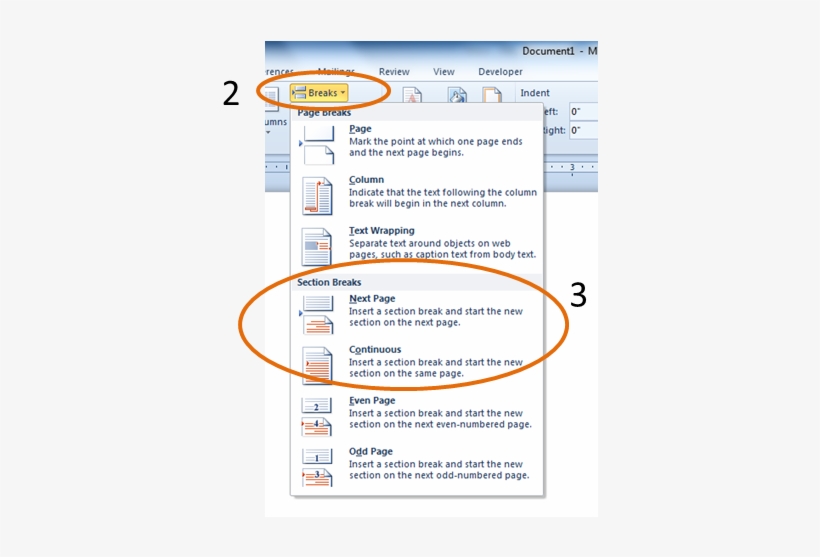 Figure 2-the Breaks Drop Down List - Word 2007, transparent png #1806369