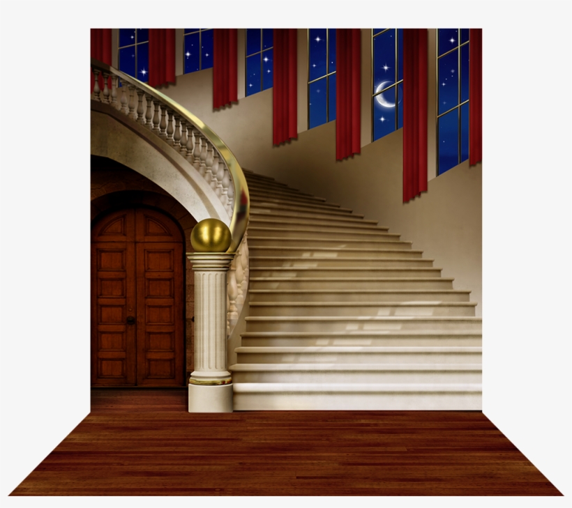 Curved Staircase With Red Curtains - Stairs, transparent png #1808000