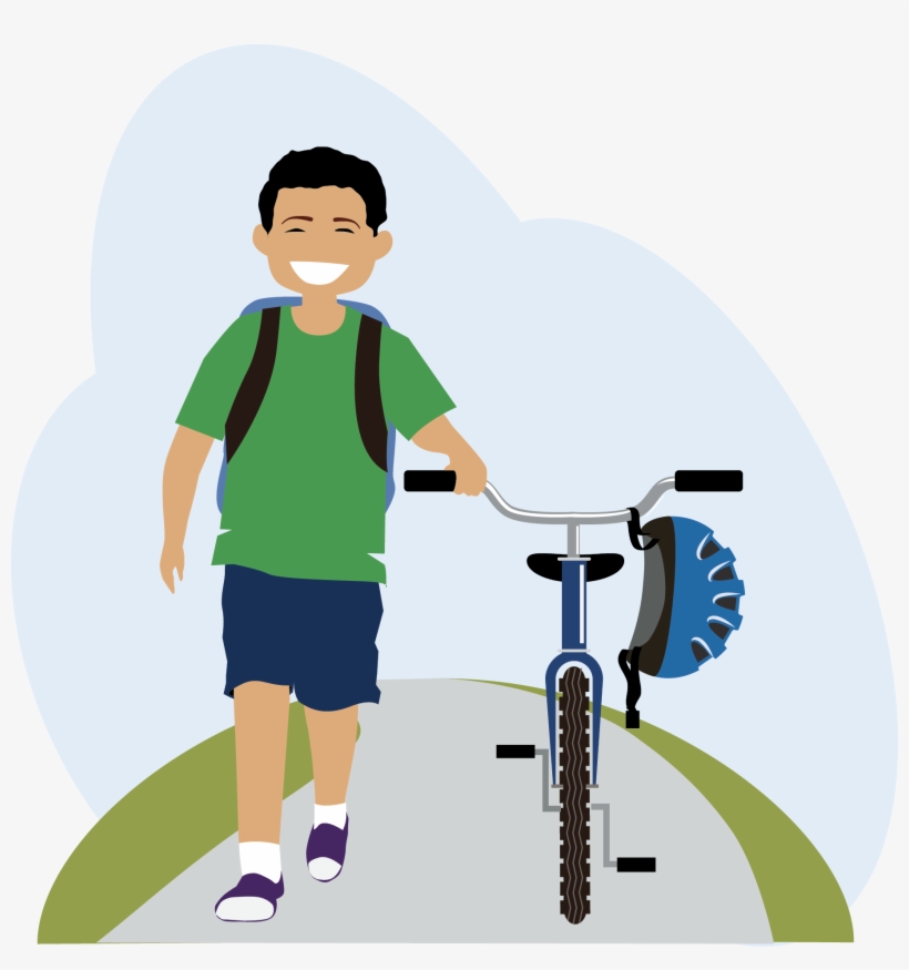 Kids Walking To School Clipart - Walking A Bike Cartoon, transparent png #1814808