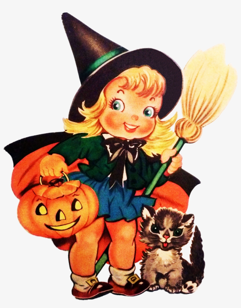 Witch Girl With Cat - Halloween Vintage Card Cute, transparent png #1846666