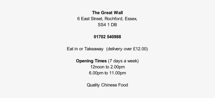 East Street The Great Wall The Great Wall 6 East Street, - Great Wall Rochford Menu, transparent png #1849542