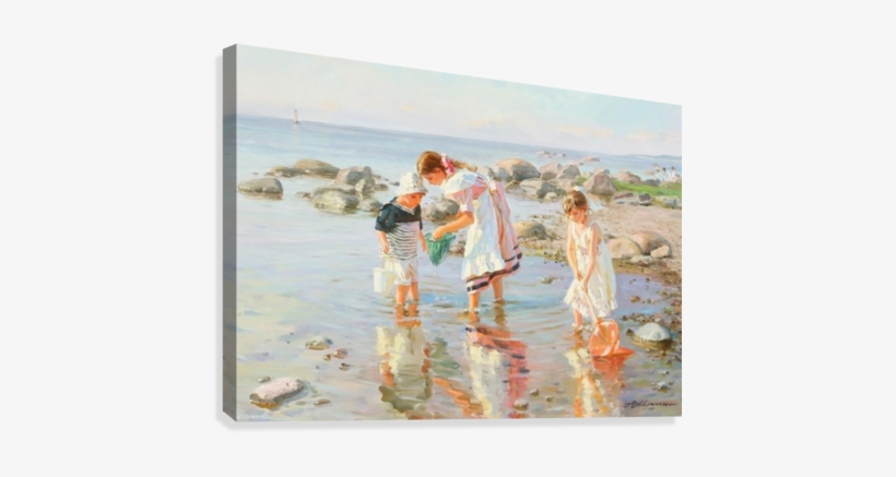 Three Children Playing Canvas Print - Collecting Sea Shells Paintings, transparent png #1884080