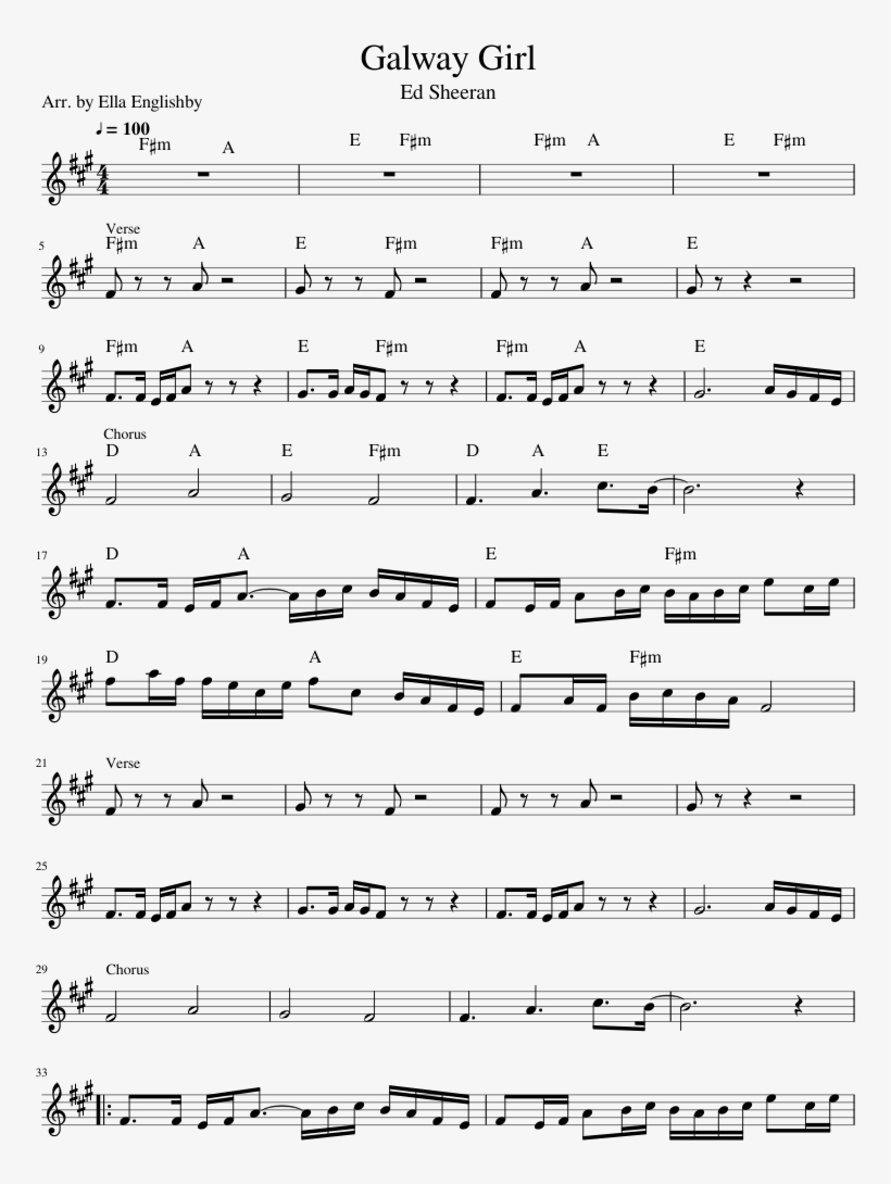 Galway Girl Sheet Music 1 Of 2 Pages - Galway Girl 기타 악보, transparent png #1895909
