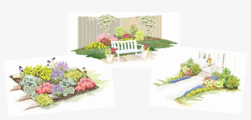 Three Garden Images In Watercolor With Colorful Flowering - Watercolor Painting, transparent png #199891