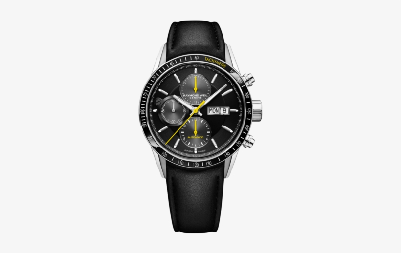 Stainless Steel, Black Leather Strap, Black Dial, Tachymeter - Raymond Weil Chronograph, transparent png #1944525