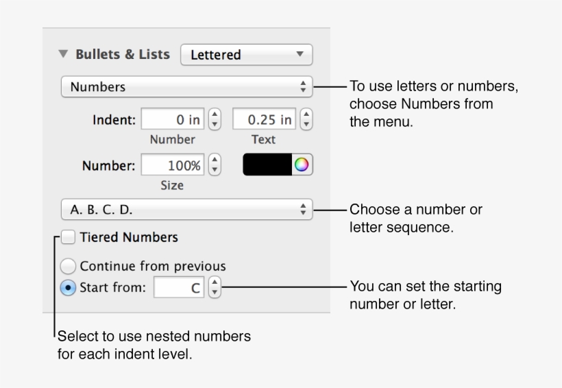 Controls To Format Numbers And Letters In Lists - Viñetas En Pages, transparent png #1959230