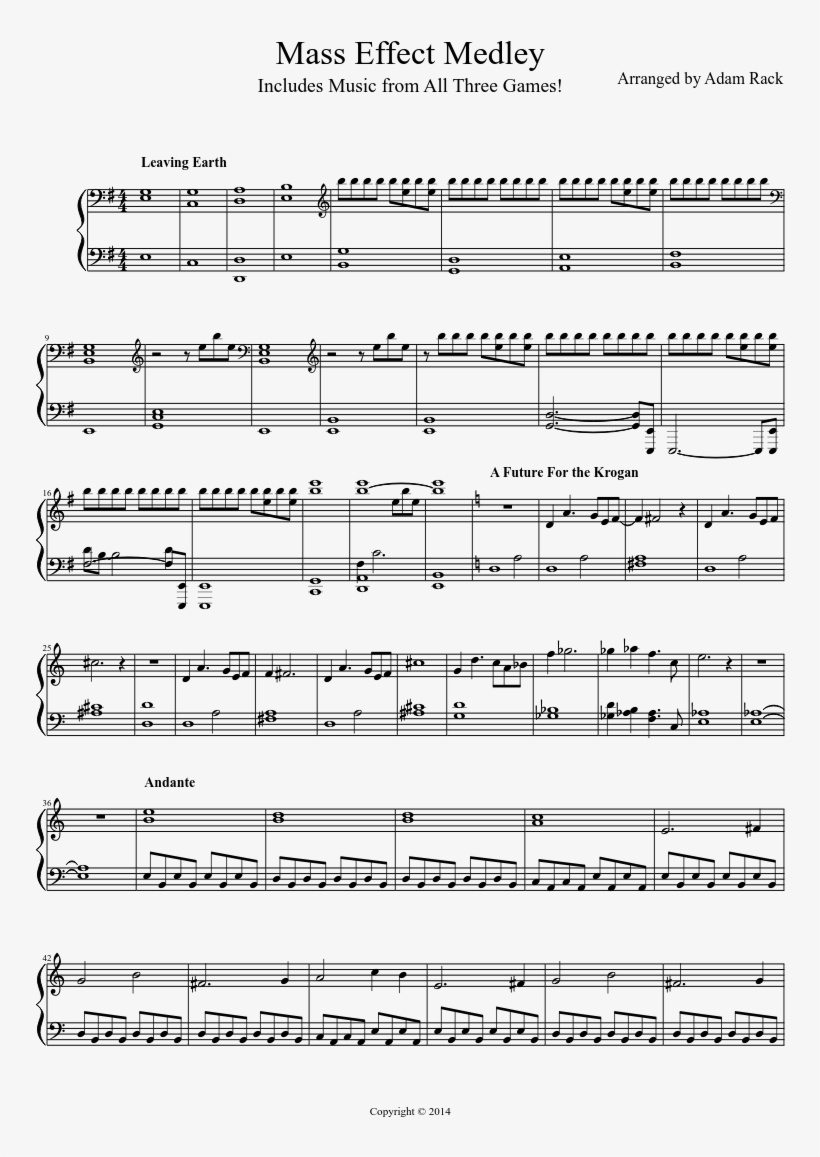 Mass Effect Medley Sheet Music Composed By Arranged - Mass Effect Piano Notes, transparent png #1964612