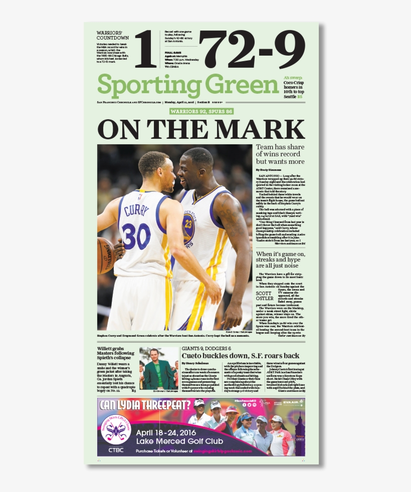 Golden State Warriors "on The Mark" 72 Wins Cover Print - Newspaper, transparent png #1979123