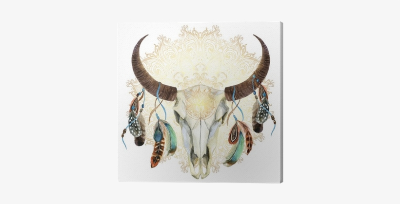 Watercolor Cow Skull With Feathers Canvas Print • Pixers® - Steer Skull With Feathers, transparent png #1990479
