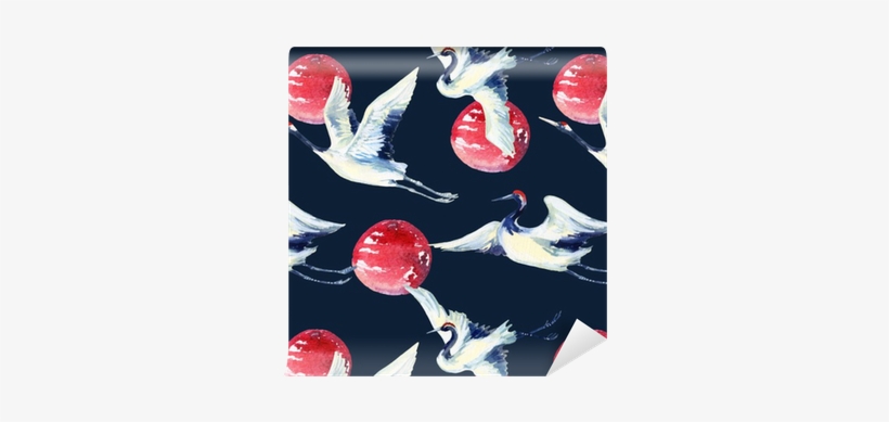 Watercolor Asian Crane Bird Seamless Pattern Wallpaper - Watercolor Painting, transparent png #1991590