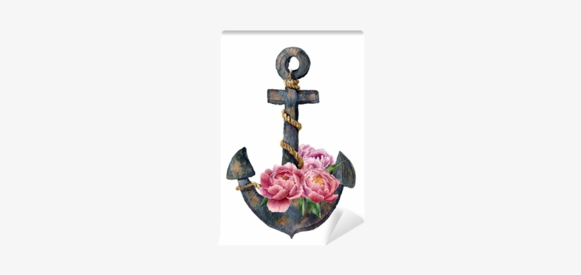 Watercolor Retro Anchor With Rope And Peony Flowers - Transparent Watercolor Rope, transparent png #26899
