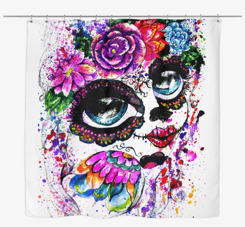 Sugar Skull Watercolor Girl Shower Curtain - Watercolor Sugar Skull, transparent png #28441