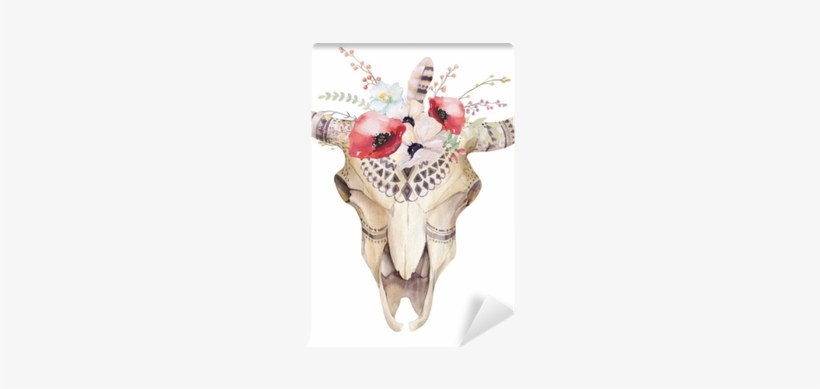 Watercolor Bohemian Cow Skull - Cow And Flowers, transparent png #208120
