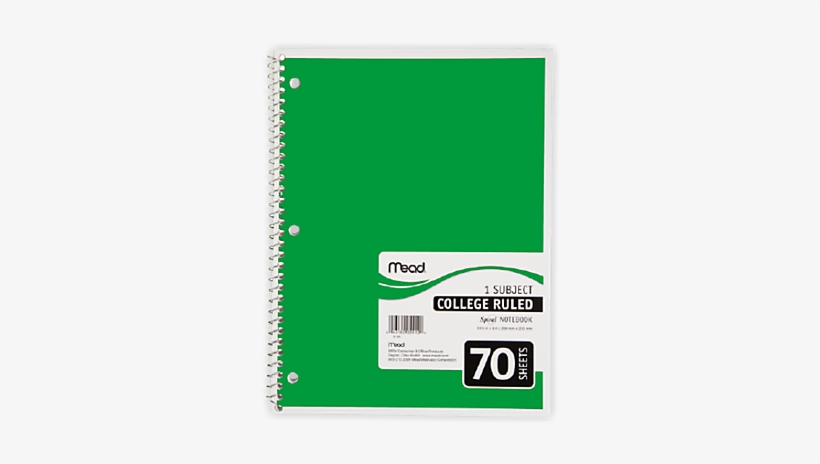 Mead Spiral 1 Subject Notebook - 100 Page College Ruled Notebook, transparent png #2005736