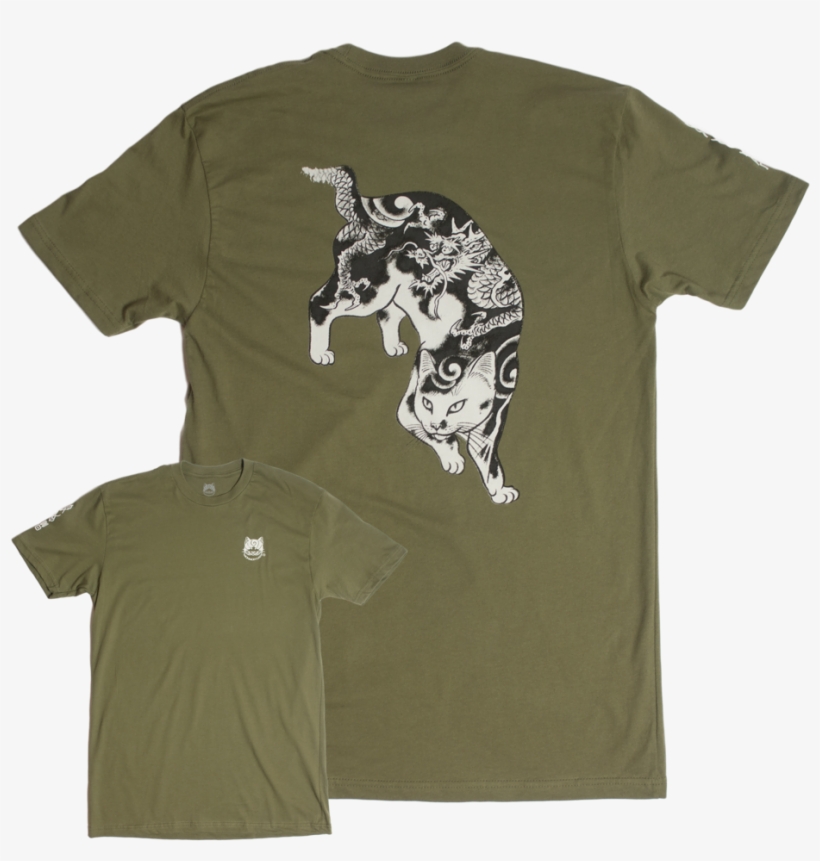 Army Green Dragon Cat Kanji Tee - Cat, transparent png #2009827
