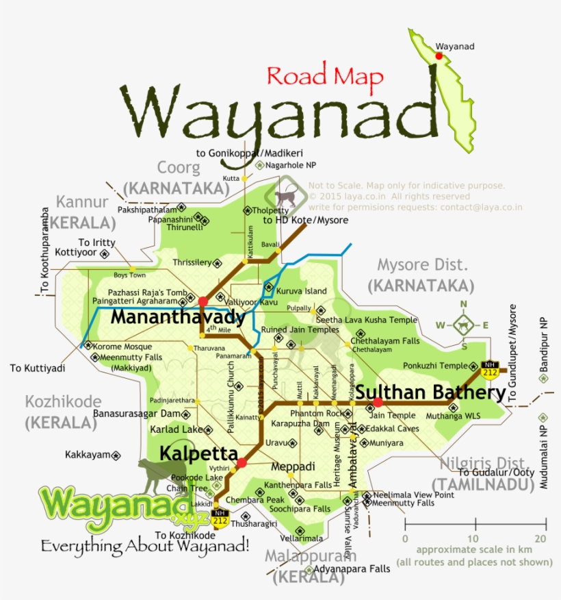 Wayanad District Road Map For The Main Tourist Circuits - Wayanad Map With Tourist Places, transparent png #2015173