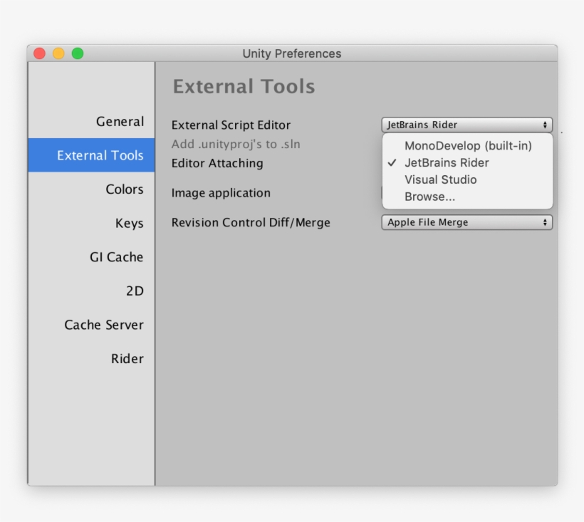 Rider Listed In Unity Preferences - Unity, transparent png #2026118