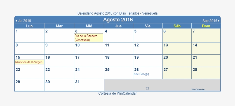 Calendario Venezolano Agosto 2016 En Formato De Imagen - Feriados De Octubre 2018, transparent png #2035191