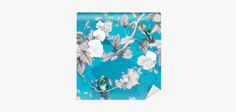 Humming Bird, Roses, Peony With Leaves On Vivid Blue - Euclidean Vector, transparent png #2041701