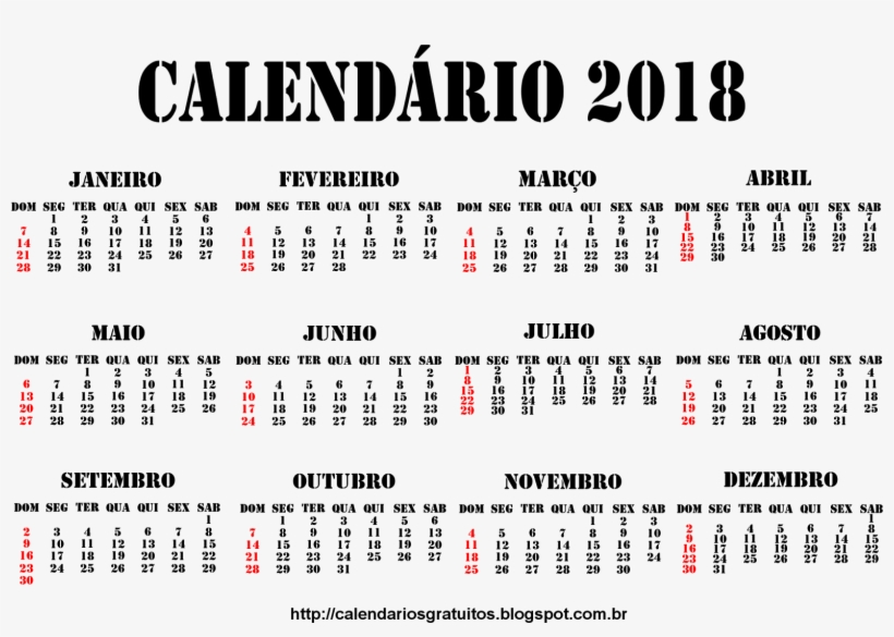 Baixar Calendario 2018 Portugues - Calendario Brasil 2018 Png, transparent png #2062362
