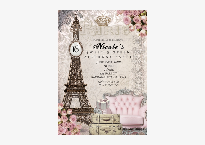 Paris Eiffel Tower Vintage Chic Birthday Party Invitations - Paris Invitations, transparent png #2063737