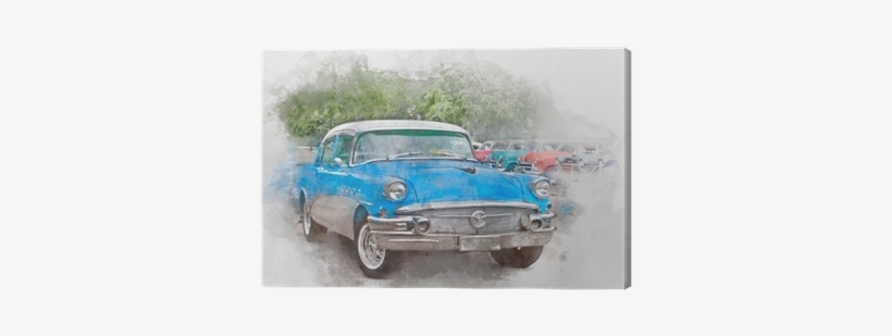 Blue Old Car In Cuba, Watercolor Canvas Print • Pixers® - Watercolor Painting, transparent png #2075823