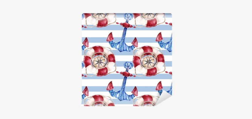 Seamless Pattern With Lifebuoy, Anchor And Compass - Watercolor Painting, transparent png #213545