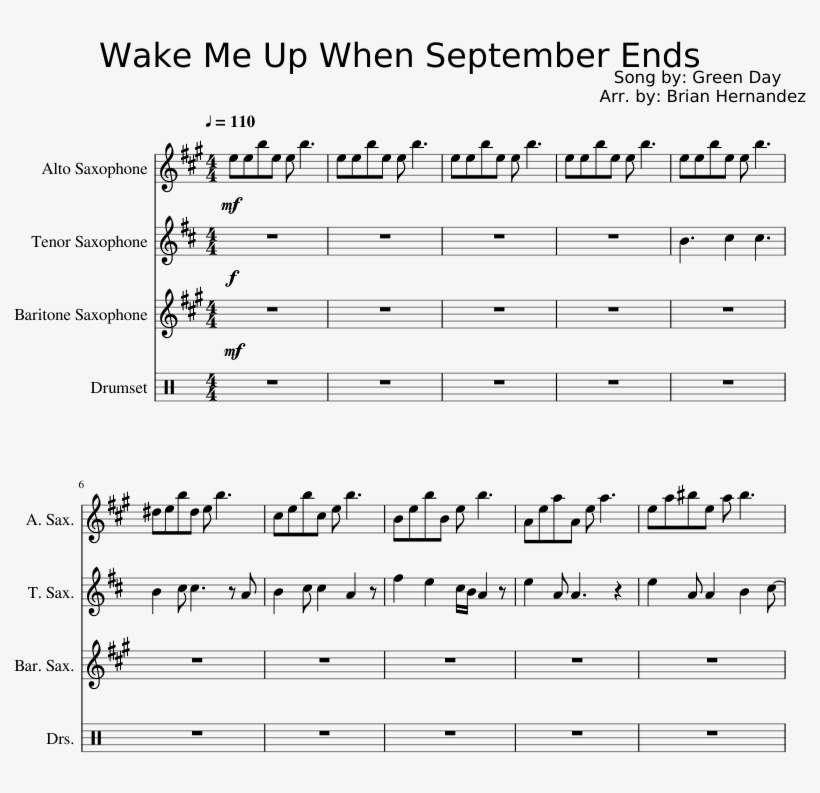 Wake Me Up When September Ends Sheet Music Composed - Zen Zen Zense Alto Saxophone Score, transparent png #2137897