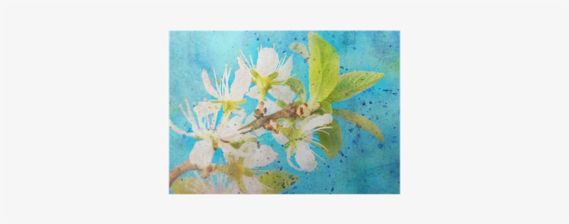 Twig With Flowers And Messy Watercolor Splatter Poster - Watercolor Painting, transparent png #2147379
