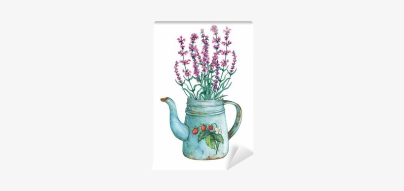 Vintage Blue Metal Teapot With Strawberries Pattern - Vintage Lavender Flowers, transparent png #2197055