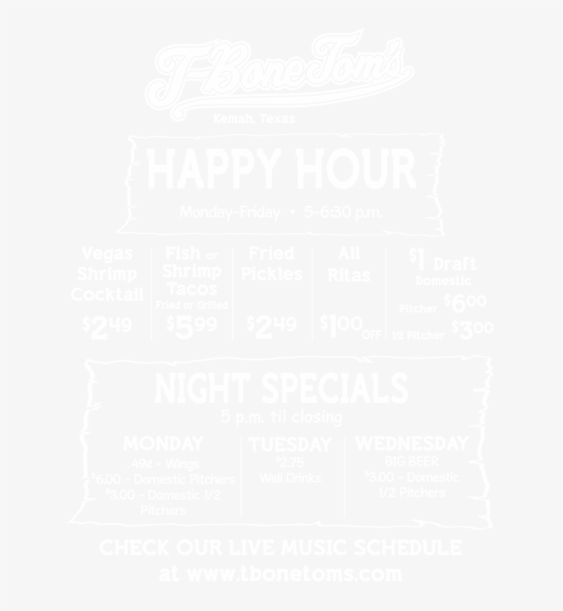 T Bone Toms Happy Hour Menu, transparent png #2207817