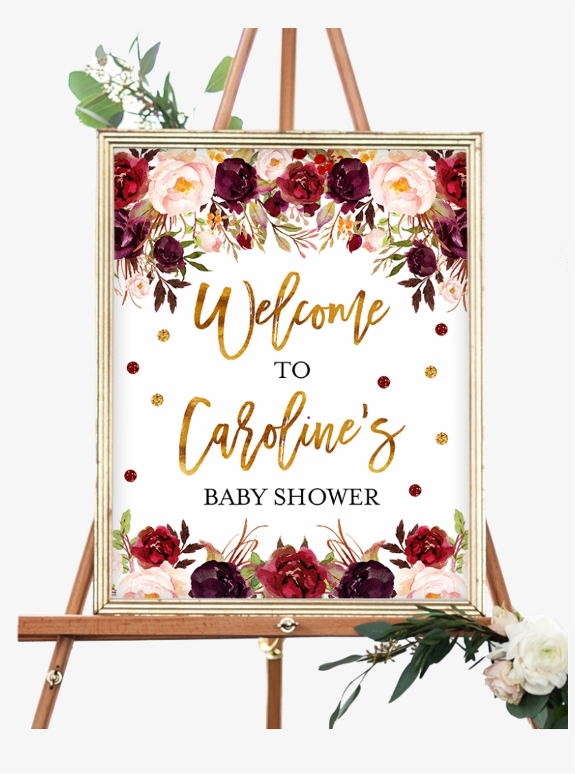Marsala And Gold Floral Welcome Sign - Woodland Welcome Baby Shower Sign, transparent png #2216460