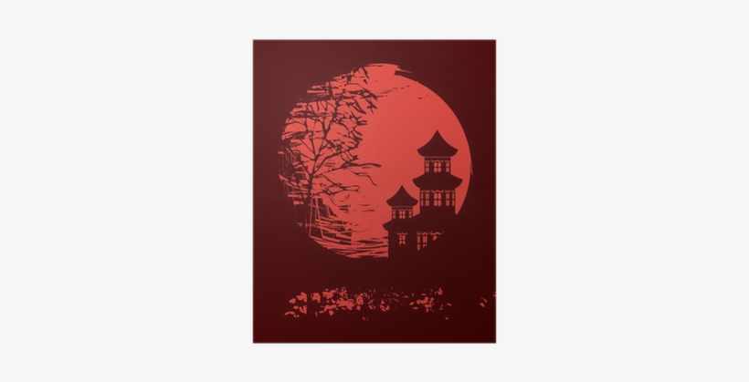 Autumn Tree And Two Pagodas On A Red Moon - Illustration, transparent png #2216461