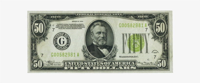 $50 1934 Light Green Seal Federal Reserve Note - 1934 50 Dollar Bill, transparent png #2296873