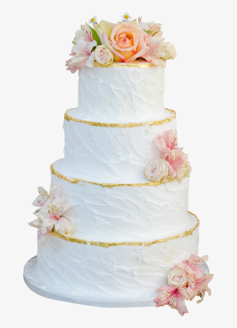 White Cake With Gold Trim And Fresh Flowers - Wedding Cakes White Gold Trim, transparent png #2297372