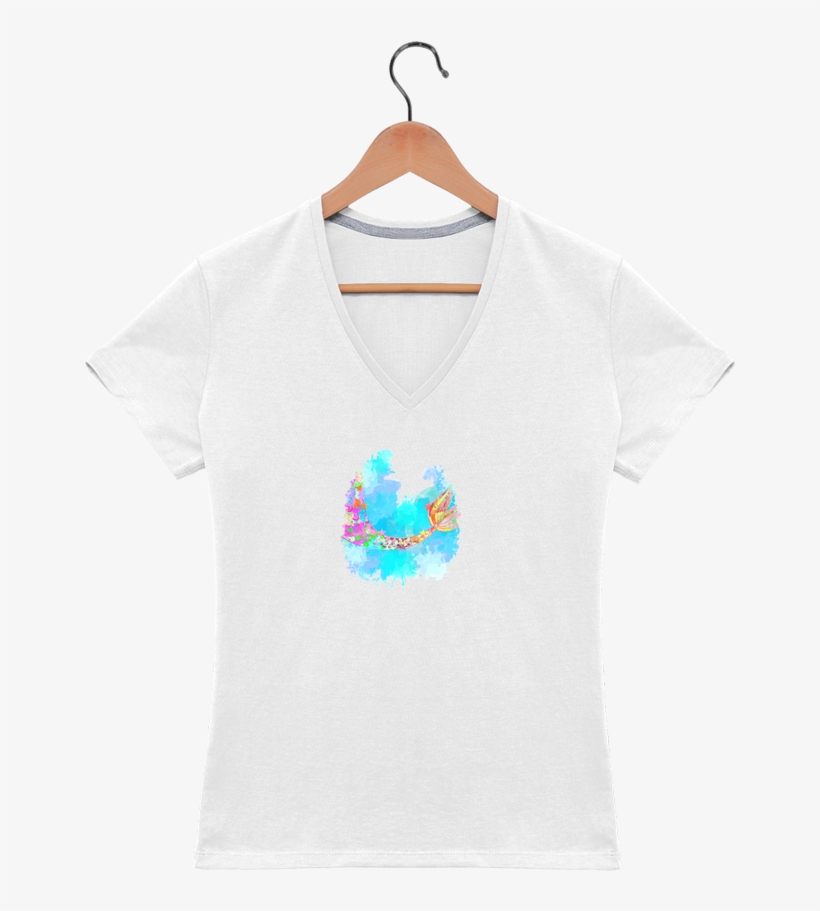 T-shirt Col V Femme Watercolor Mermaid Par Pinkglitter - T-shirt, transparent png #233898