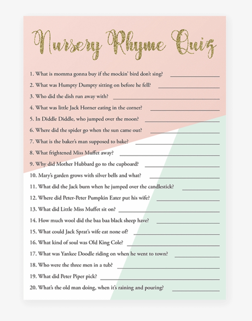 Printable Nursery Rhyme Quiz For Baby Shower By Littlesizzle - Nursery Rhyme Trivia Quiz, transparent png #2328944