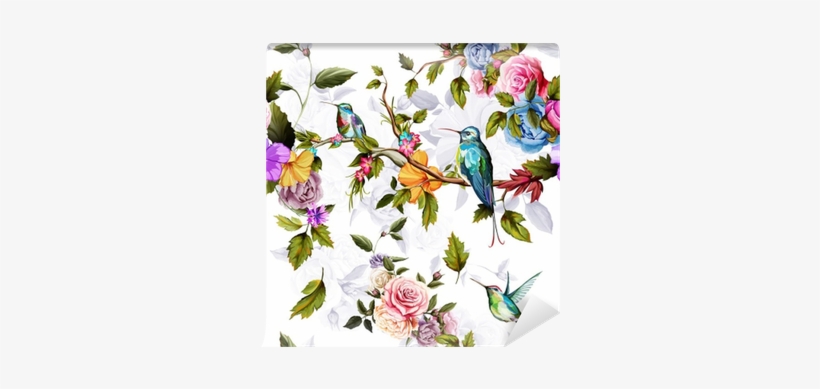 Humming Bird, Roses, Peony With Leaves On White - Happiness İst. Kadın Beyaz Kuş Baskılı Bluz, transparent png #2381113