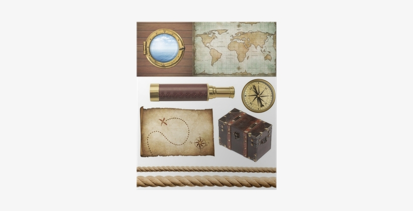 Nautical Objects Set Isolated - Art Print: Kuzmin's Aged Old World Map, 61x41in., transparent png #2393487