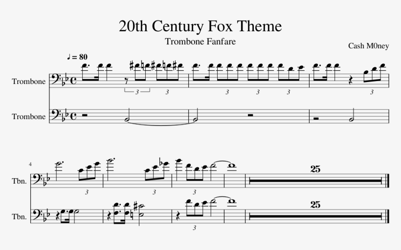 20th Century Fox Theme Sheet Music Composed By Cash - 20th Century Fox Trombone, transparent png #2403387