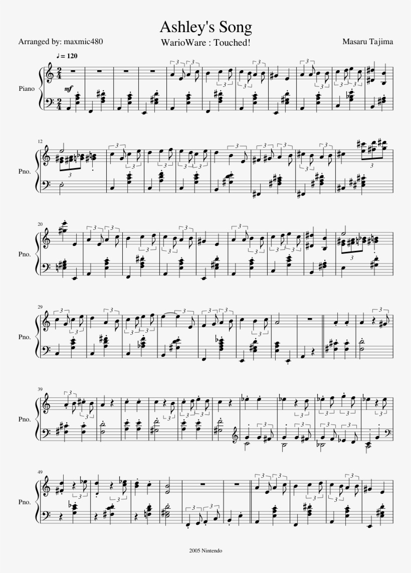 Ashley's Song Sheet Music Composed By Masaru Tajima - Numbered Musical Notation, transparent png #2404768
