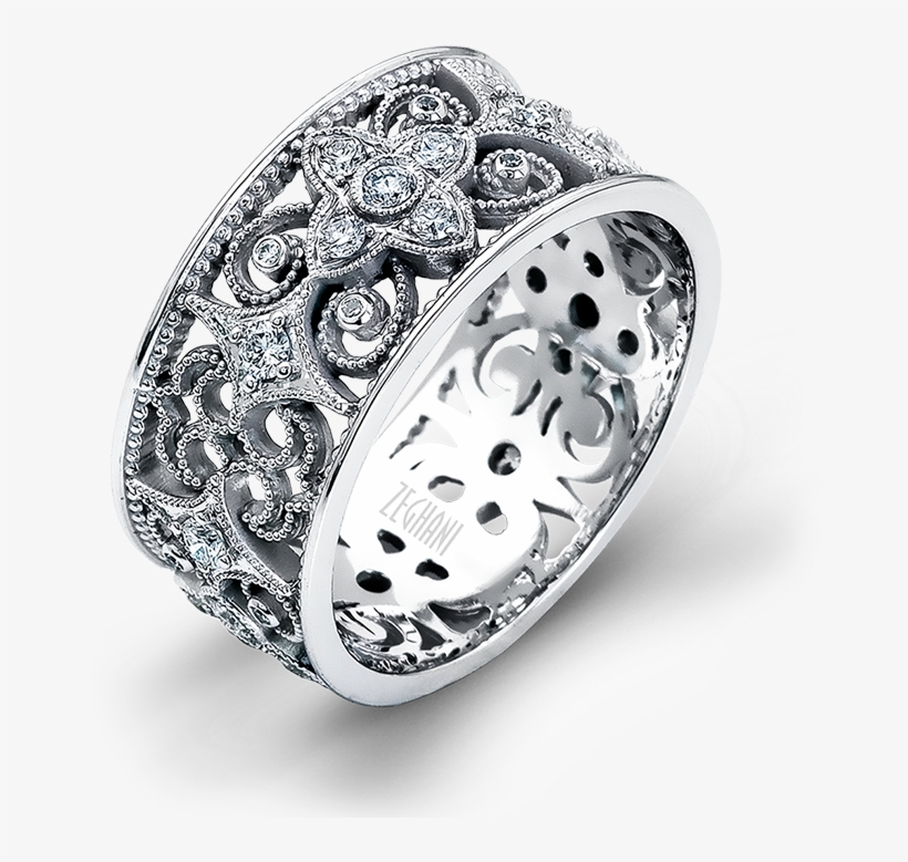 This Lovely 14k White Gold Scroll Pattern Band Is Adorned - Ring, transparent png #2418658