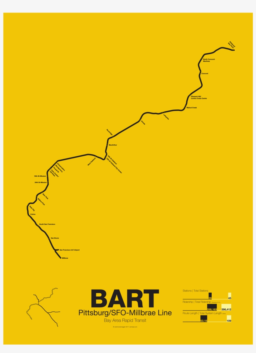 Bart Pittsburg-millbrae Line Poster - Yellow Line Bart, transparent png #2425751