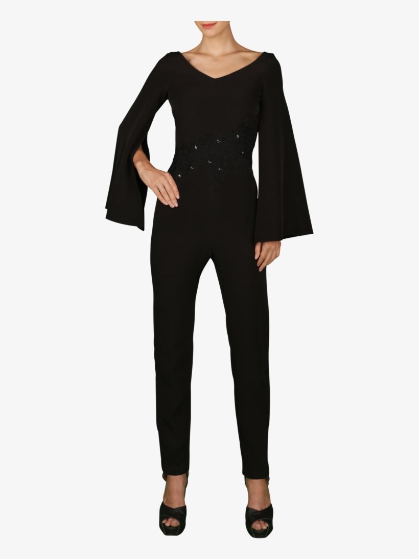 black jumpsuit with cape sleeves