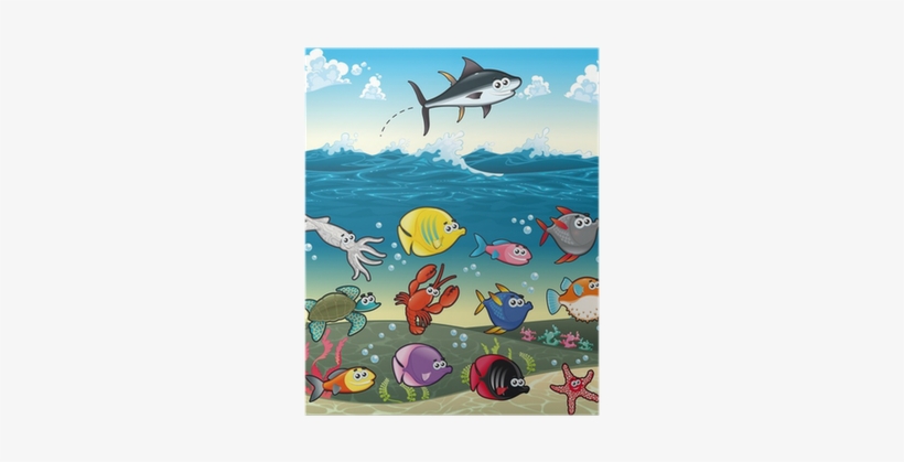 Funny Fish Under The Sea - Sea Life Fish Cute Shower Curtain, transparent png #2444779