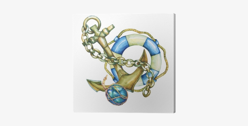Composition With Lifebuoy And Anchor - Watercolor Painting, transparent png #2445873