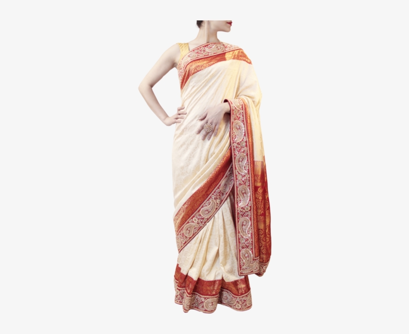 Cream And Red Saree - Silk, transparent png #2448155