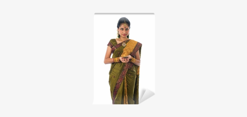 Indian Woman In Traditional Clothes With Lamp Wall - Women With Diwali Light, transparent png #2448379