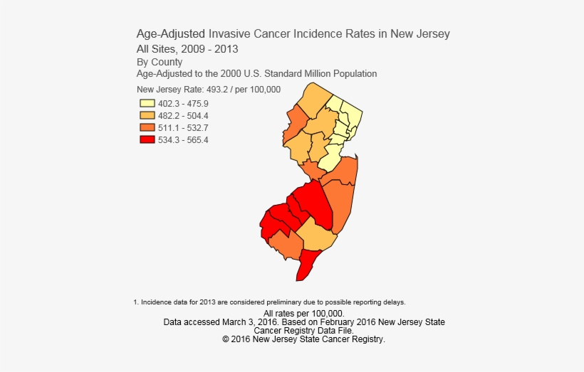 Cancer Map - Cancer Rates By County Map Nj, transparent png #2466968